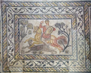 A mosaic depicting a Leopard hunt, from the Villa de las Tiendas, c.326-400